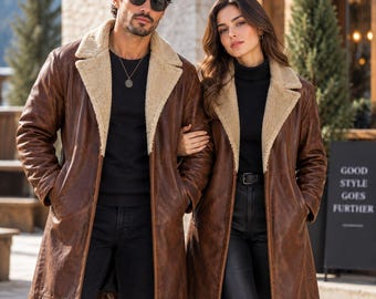 Handmade Brown Shearling Trench Leather Coat | Vnitage Unisex Notch Lapel Faux Fur  Outerwear