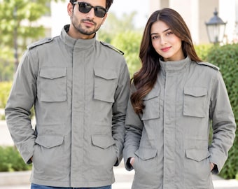 Handmade Slate Grey Back Studded Jacket | Vintage Punk Cargo Utility Field Biker Outerwear Coat