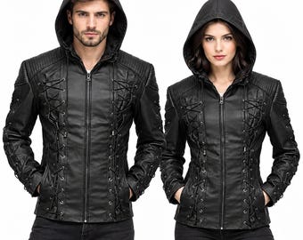 Handmade Black SheepSkin Lace Up Hooded Jacket | Vintage Motorcycle Streetwear Gothic Coat