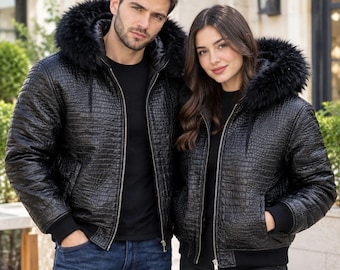 Handmade Black Crocodile Embossed Hooded Jacket | Vintage Faux Fur  Warm Winter Outerwear Coat
