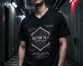 Może przedstawiać: Czarny t-shirt z dekoltem w serek z biało z biało-czerwonym nadrukiem graficznym przedstawiającym sześciokąt z wzorami płytek drukowanych oraz napisem SECTOR 7G, CLASSIFIED SYSTEMS, INFRA-HEAVY DESIGNATION, BRUTALLIA ALLIANCE, INFRA-DIVISION, CONTROL THE GRID, CONTROL THE FUTURE.