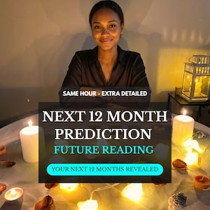 May include: A table covered with a white cloth featuring several lit white pillar candles, small tea lights, and glowing string lights. Text overlay reads: SAME HOUR - EXTRA DETAILED, NEXT 12 MONTH PREDICTION, FUTURE READING, YOUR NEXT 12 MONTHS REVEALED.
