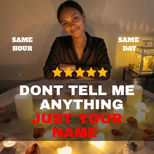 May include: A person wearing a black collared shirt sits behind a table with tarot cards, candles, and a lantern. Text reads: SAME HOUR, SAME DAY, five yellow stars, DONT TELL ME ANYTHING JUST YOUR NAME. The scene is lit by warm candle glow.