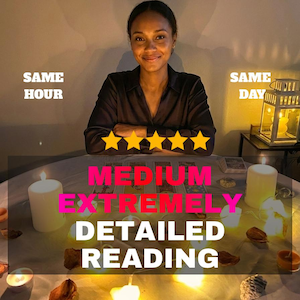 May include: A person in a black collared shirt sits behind a round table covered with a white cloth, surrounded by lit candles and tarot cards. Text on the image reads: SAME HOUR, SAME DAY, MEDIUM EXTREMELY DETAILED READING, and five yellow stars.