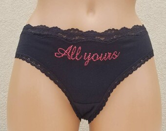 Small BLACK Cotton Bikini w All Yours in Red - Sexy Valentines Panties - Honeymoon - Last Pair - Fast Shipping