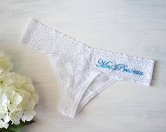 WHITE Lace Bridal Thong w/ Something Blue - Personalized Bride Underwear Embroidered -  Sizes S-L