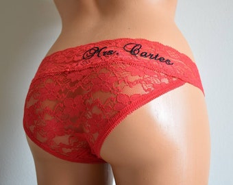 RED Lace Bikini w Embroidery - Sexy LOW Rise Bride Panties - Honeymoon Undies - Sizes XS-2X