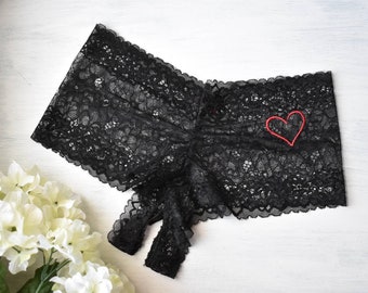 Sheer BLACK Crotchless Boyshort Panties w Emroidered Heart- Personalized Erotic Underwear - Sexy Undies - Curvy Sizes - S/M or 1X/2X