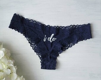 Navy Lace Bridal Tanga w I Do in Light Ivory Embroidery - Size Small - Only Pair - Ready to Ship