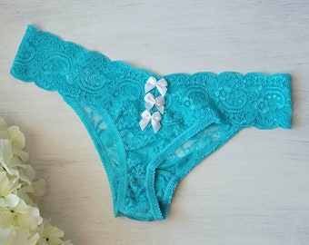 Size SMALL - AQUA Lace Bridal Thong w 3 White Bows - Wifey - Only Pair - Ready to Ship