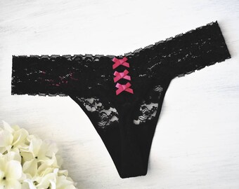 BLACK Lace Thong w Bows - Fuchsia Embroidery - Custom Honeymoon Bridal Panties - Sexy Bride Underwear - Sizes XS-3X