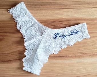 WHITE Lace Tanga w/ Something Blue - Personalized Bridal Panties - Sexy Bride Underwear - Embroidery - Sizes S-3X