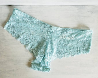 2X Lt AQUA Lace Cheeky Panties w Bride Embroidered in White - Curvy Sizes - Sexy Honeymoon Undies - Ready to Ship