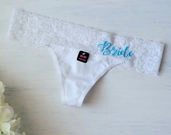 WHITE Bridal Thong with Bows and Bride in Aqua Embroidery - Size XS - Ready to Ship