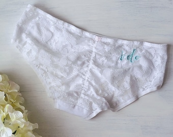 White Cotton Bride Underwear w Ruched Lace Booty - I Do in Light Aqua Embroidery - Size Medium