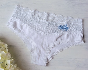 WHITE Cotton Ruched Booty Cheeky Panties w Something Blue - Customized Bridal Undies - Bride Underwear w Embroidery _ Sizes XS-XXL
