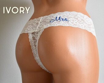 IVORY Lace Bridal Thong w Something Blue - Personalized Bridal Panties - Off White/Cream Undies w Embroidery- Sizes XS-3X