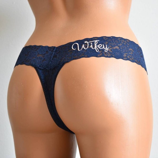 NAVY Lace Bridal Thong w Rose Gold Embroidery - Personalized Bride Underwear - Dark Blue Scalloped Lace - Size Small - Ready to Ship