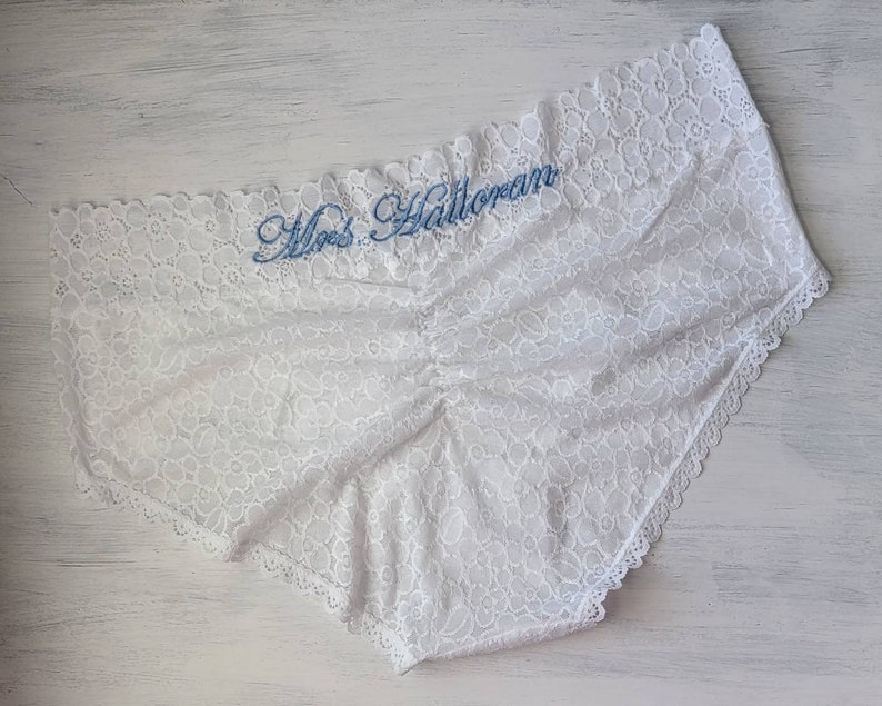 IVORY or White Lace Ruched Booty w Something Blue - Customized Bridal Panties - Embroidered Bride Underwear - Sizes Sm and Med