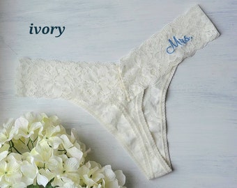 IVORY Lace Bridal Thong w Something Blue - Personalized Bridal Panties - Off White/Cream Undies w Embroidery- Sizes XS-3X