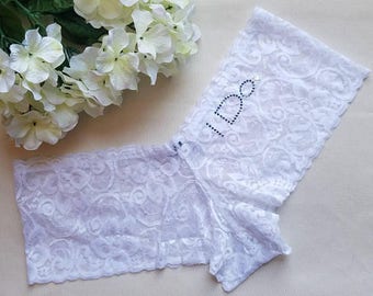 Large WHITE Lace Cheeky Boyshort w I Do in Something Blue - Customized Bridal Panties - Sexy Bride Underwear - Heart