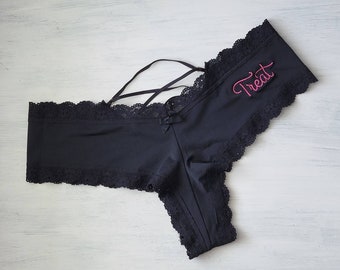 BLACK Strappy Cage Panties w Embroidery - Personalized Bridal Panties - Sexy Bride Underwear - Size XS - Last Pair