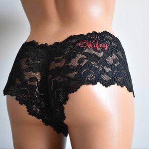 BLACK Lace Cheeky Boyshort w Embroidery Personalized Bridal Panties Wifey Underwear Sizes S-3XL image 8