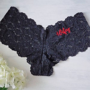 BLACK Lace Cheeky Boyshort w Embroidery Personalized Bridal Panties Wifey Underwear Sizes S-3XL image 1