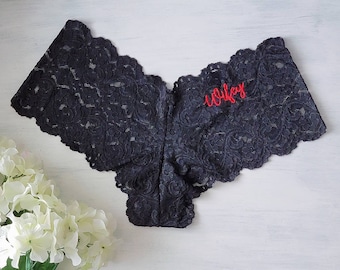 BLACK Lace Cheeky Boyshort w Embroidery - Personalized Bridal Panties - Wifey Underwear - Sizes S-3XL