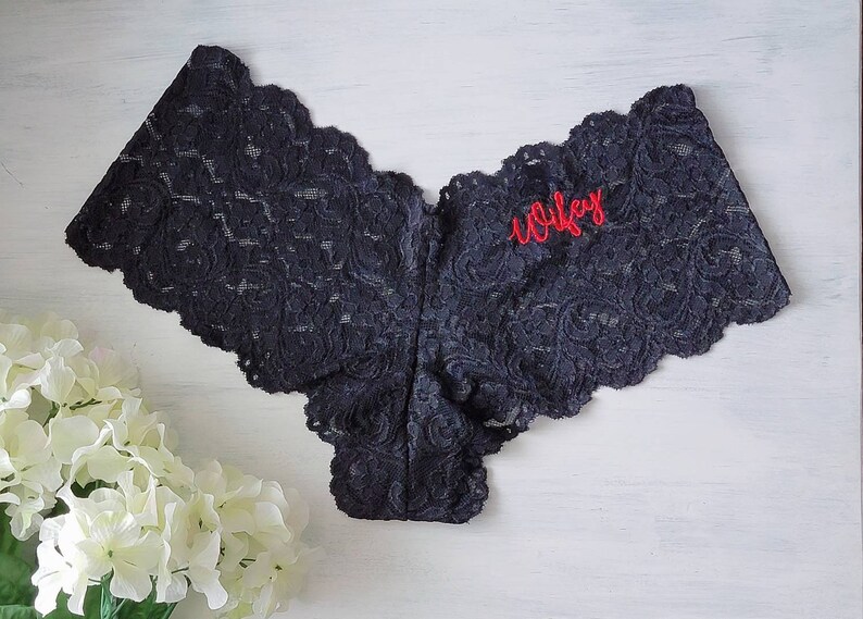 BLACK Lace Cheeky Boyshort w Embroidery Personalized Bridal Panties Wifey Underwear Sizes S-3XL image 1