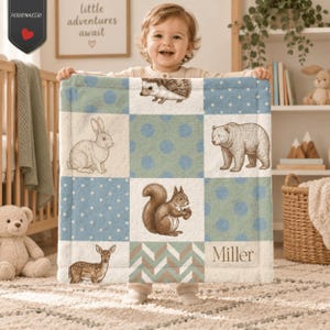 May include: A soft, square baby blanket featuring a patchwork design with illustrations of a hedgehog, rabbit, bear, squirrel, and deer. The blanket includes blue and green polka dot patterns, a chevron section, and the personalised name Miller.