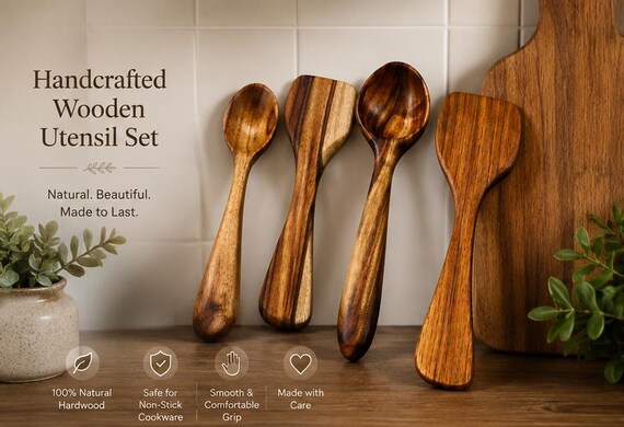 Camphor laurel is a wildly figured, naturally aromatic wood — a 4-piece set carved from it is a sensory kitchen experience most people have never encountered.