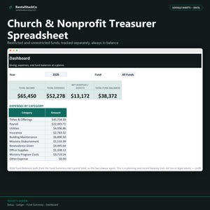 May include: A digital spreadsheet template for church and nonprofit treasurers, featuring a dashboard with sections for total income, expenses, net surplus or deficit, and fund balances, plus an expenses by category table for the year 2026.
