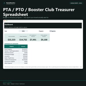 May include: A digital spreadsheet template for PTA, PTO, and Booster Club treasurers. The interface displays a dashboard with financial data, including total income, expenses, net surplus, and annual budget, plus an expense category table.