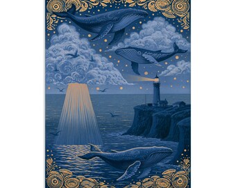 Whales in Flight, Blue and Gold, Glossy Paper Poster, No Frame, Gift for Whale Lovers, marine biology, whimsical wall art, sea lovers,