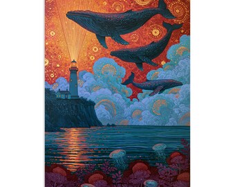 Wales in Flight, Teal and Orange, Sunset wall art, whimsical wall art, folk art, gift for whale lovers, no frame, semi gloss poster print
