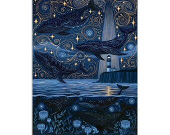 Wales in Flight, Blue and Gold, Midnight blue, whimsical wall art, semi glossy poster, no frame, gift for whale lovers, oceana