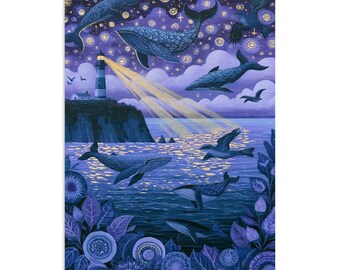 Wales in Flight, Purple and Gold, Whimsical wall art, fantasy wall art, Art Nouveau, Nautical Wall Art, Gift for Whale Lovers