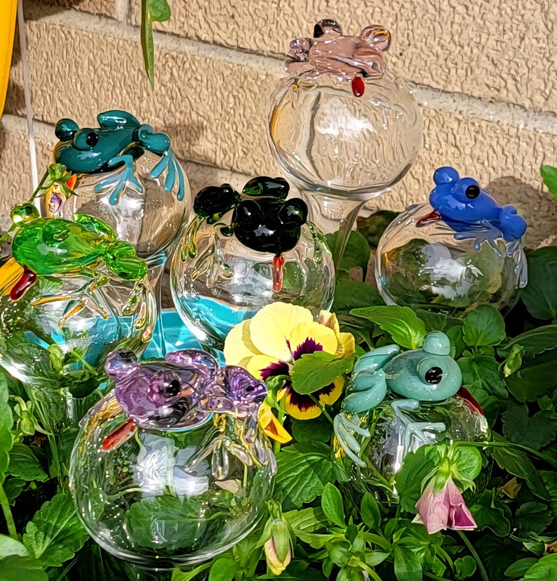May include: A collection of six clear glass plant watering globes, each topped with a colorful glass frog figurine. The frogs are colored in shades of teal, light pink, bright green, black, blue, and pale green, each featuring a small red tongue.