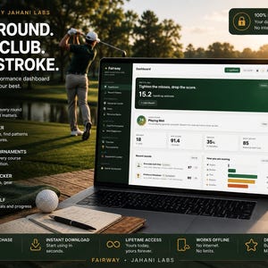 May include: A laptop displaying the Fairway by Jahani Labs golf performance dashboard, featuring statistics, round history, and equipment tracking. Beside the laptop sits a white golf ball, a notebook with a pen, and a dark green tumbler with a golfer icon.
