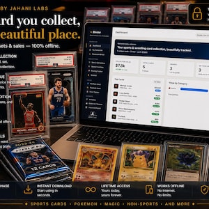 Könnte beinhalten: Ein Laptop mit dem Software-Dashboard von Binder by Jahani Labs, umgeben von verschiedenen Sport- und Sammelkarten in Schutzhüllen. Der Bildschirm zeigt den Wert, die Bewertung und Verkaufsstatistiken. Text: Every card you collect, in one beautiful place und 100% private & offline.