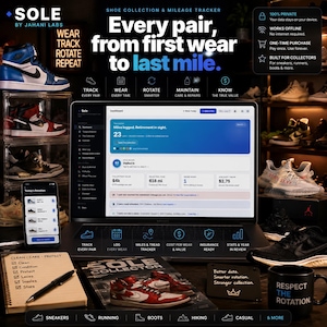May include: A digital dashboard for the Sole by Jahani Labs shoe collection and mileage tracker displayed on a laptop screen, surrounded by sneakers, a smartphone, a notebook, and a mug with the text Respect The Rotation.