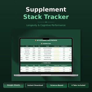 Supplement Stack Tracker Spreadsheet | Longevity & Nootropics Log | Google Sheets Template | Cognitive Performance Planner