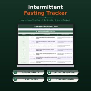 Puede incluir: Una tabla digital de seguimiento de ayuno intermitente que muestra una guía de referencia científica sobre el ayuno. La tabla detalla plazos, fases, procesos fisiológicos y significado clínico. Debajo hay cuatro botones: Google Sheets, Instant Download, 7 Protocols y 7 Tabs Included.
