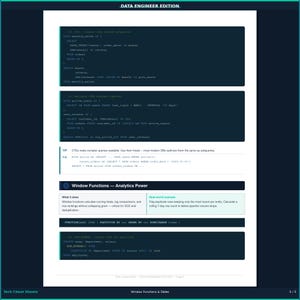 May include: A white technical cheat sheet titled DATA ENGINEER EDITION featuring SQL code snippets for monthly sales and active users, followed by a section on Window Functions with syntax examples and a ROW_NUMBER function demonstration.