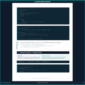 以下が含まれることがあります： BI DEVELOPER EDITIONと題された白い教育用チートシート。CTEおよびウィンドウ関数用のSQLコードスニペットが記載されています。ドキュメントには、濃い青色のコードブロック、説明文、ウィンドウ関数の構文テンプレートが含まれています。