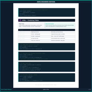 May include: A white technical cheat sheet titled Data Engineer Edition, featuring SQL code snippets for ROLLUP and JOIN operations. The document includes a table explaining JOIN types, real-world examples, and syntax for inner, left, multi-table, and self joins.
