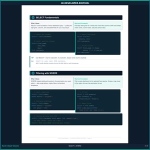 以下が含まれることがあります： BI DEVELOPER EDITIONと題された白い教育用チートシート。SELECT FundamentalsとFiltering with WHEREのSQL構文例が記載されています。ドキュメントには、テキスト、説明、実例を含む濃い青色のコードブロックが含まれています。