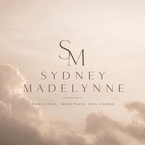 May include: A logo design featuring the letters SM in a serif font, followed by the text SYDNEY MADELYNNE and the tagline MINDFULNESS. INNER PEACE. REAL CHANGE. The text is dark brown, set against a soft, light beige background of clouds.