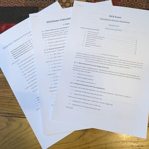 Könnte beinhalten: Drei weiße Papierblätter mit gedrucktem Text, betitelt als OCS Exam Calculations Practice Questions und Appendix Variance Formula. Die Dokumente enthalten Listen mit Buchhaltungsfragen, mathematischen Formeln und Varianzberechnungen.
